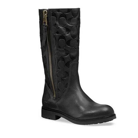 Coach Women's Black Valentine Signature Embossed Leather Boots Size 9.5B - Picture 1 of 15